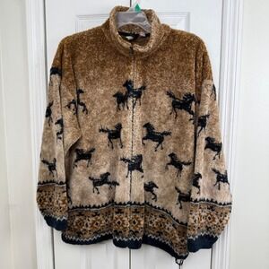 Mazmania Horse Fleece Jacket XL Brown Tan Sherpa Western Cowgirl Rustic Zip USA